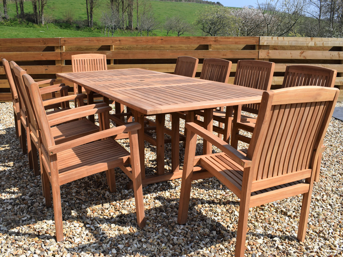 10 Seater Rectangular Double Extending Teak Set with Henley Stacking Armchairs