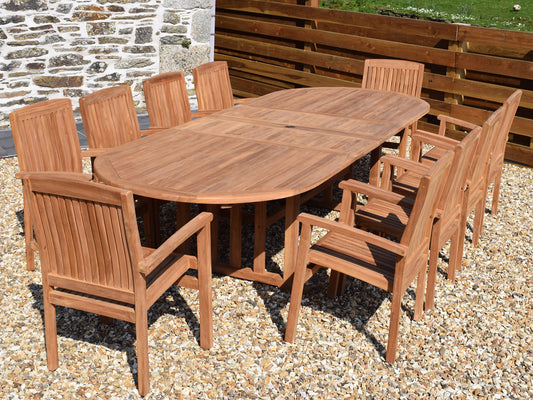 10 Seater Oval Double Extending Teak Set with Stacking Armchairs