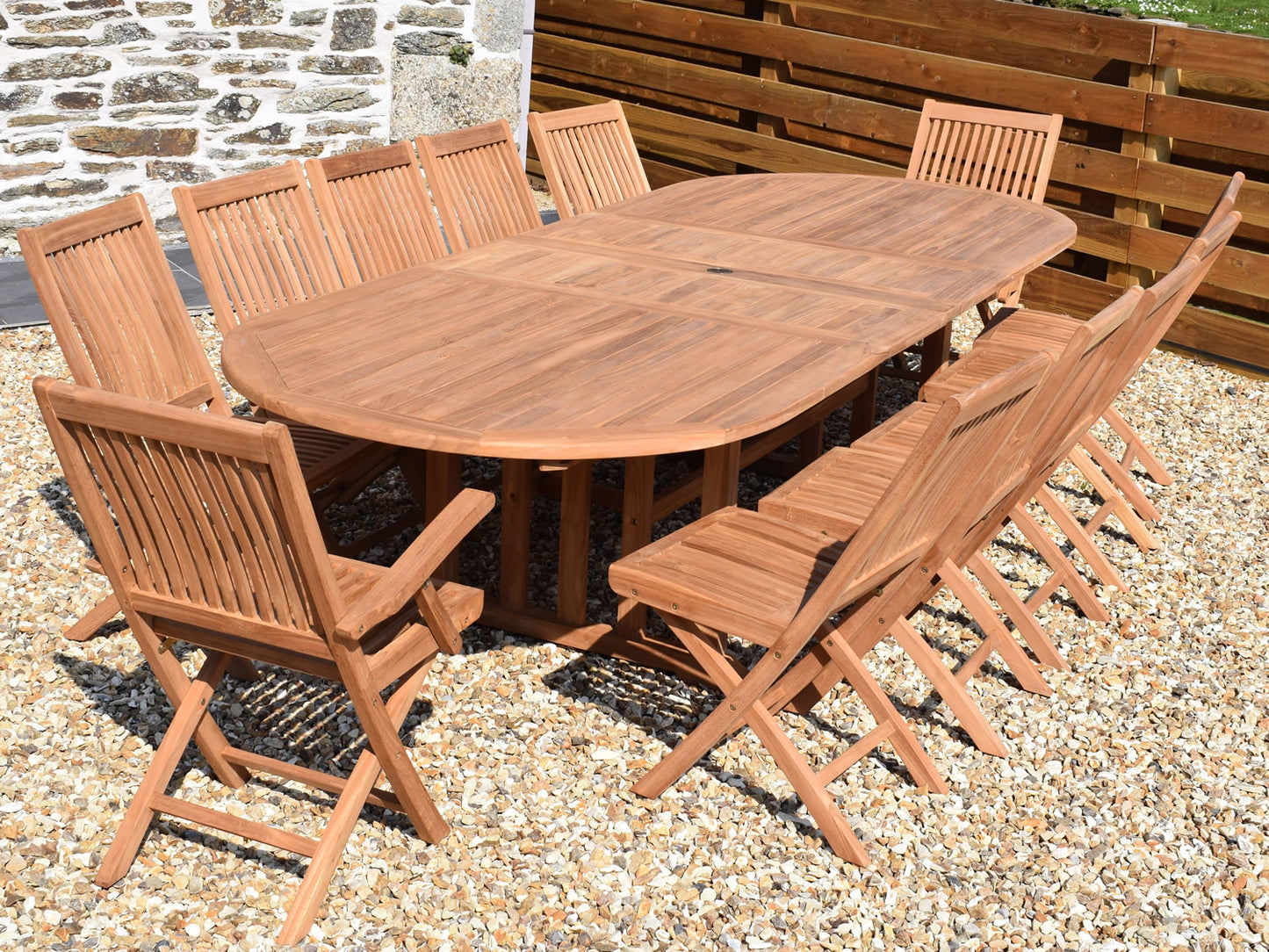 12 Seater Oval Double Extending Teak Set with Folding Chairs & Armchairs