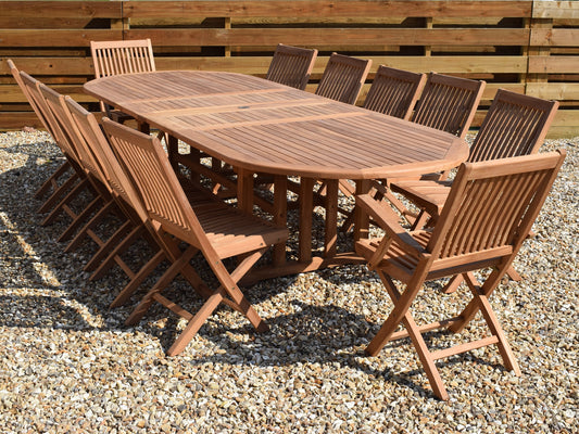 12 Seater Oval Double Extending Teak Set with Folding Chairs & Armchairs