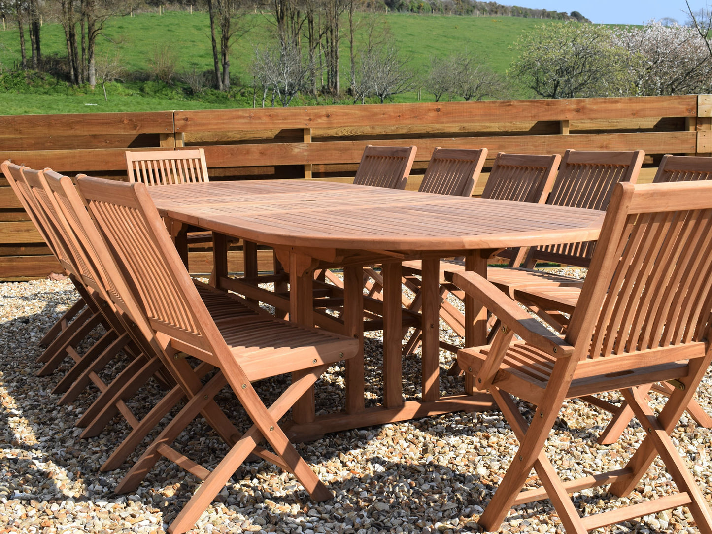 12 Seater Oval Double Extending Teak Set with Folding Chairs & Armchairs