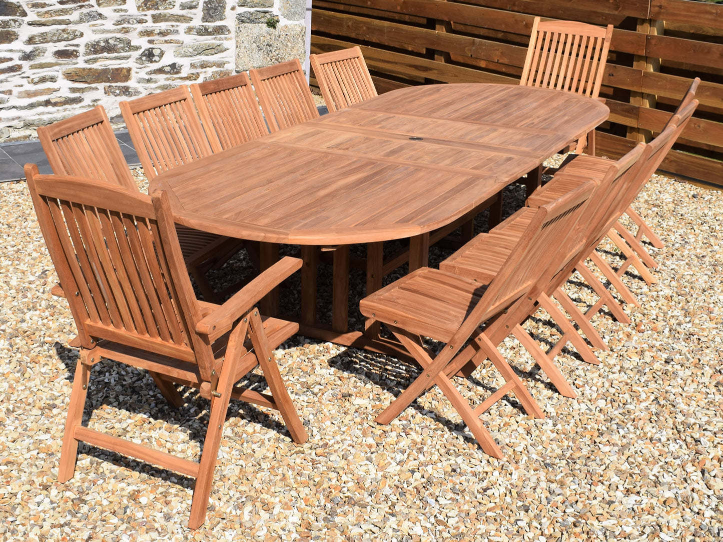 12 Seater Oval Double Extending Teak Set with Folding Chairs & Recliners