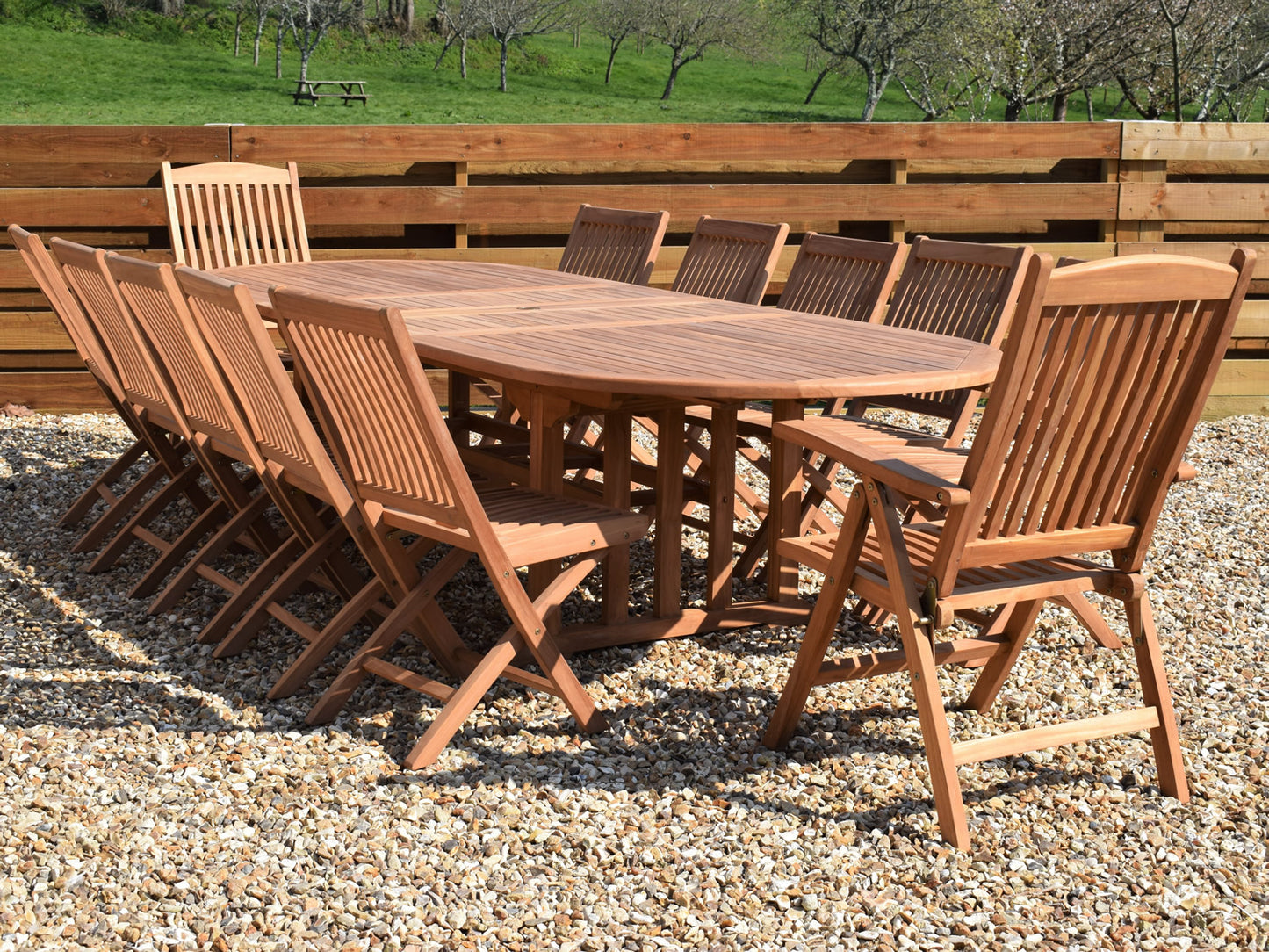 12 Seater Oval Double Extending Teak Set with Folding Chairs & Recliners