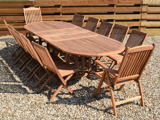 12 Seater Oval Double Extending Teak Set with Folding Chairs & Recliners
