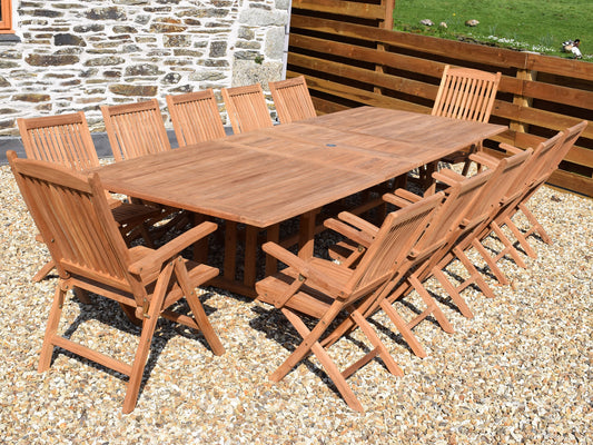 12 Seater Rectangular Double Extending Teak Set with Folding Armchairs & Recliners