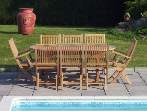 8 Seater Oval Pedestal Teak Set with Folding Chairs & Armchairs
