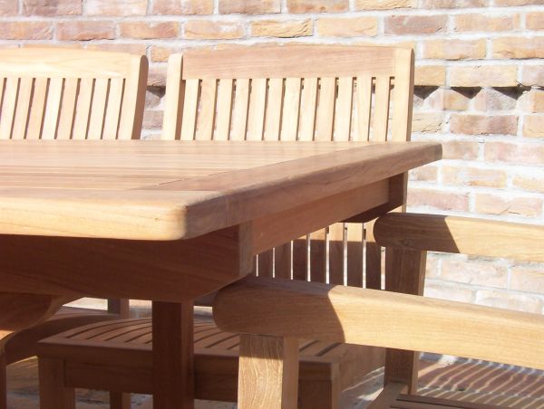 8 Seater Rectangular Pedestal Teak Set with Dining Chairs & Stacking Armchairs