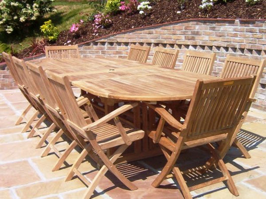 10 Seater Oval Double Extending Teak Set with Folding Armchairs
