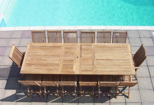 14 Seater Rectangular Double Extending Teak Set with Folding Chairs & Recliners