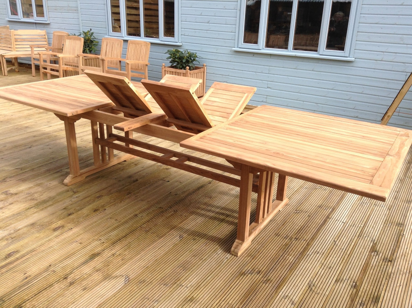12 Seater Rectangular Double Extending Teak Set with Dining Chairs & Stacking Armchairs