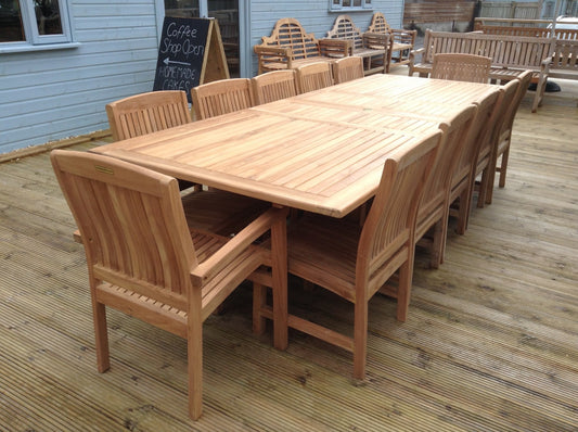 12 Seater Rectangular Double Extending Teak Set with Dining Chairs & Stacking Armchairs