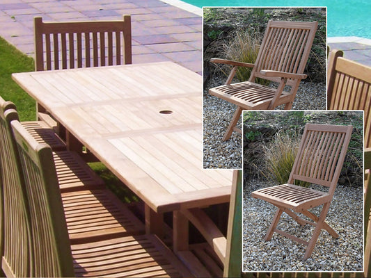 10 Seater Rectangular Extending Teak Set with Folding Chairs & Armchairs
