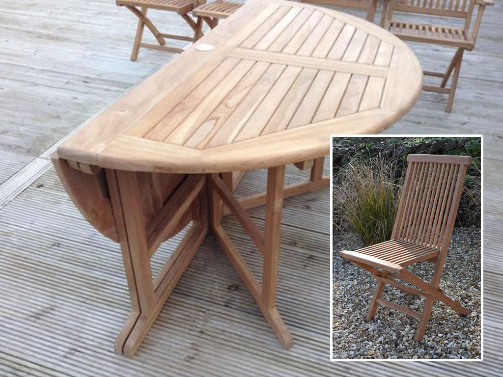 6 Seater Large Round Folding Gate-Leg Teak Set with Classic Folding Chairs
