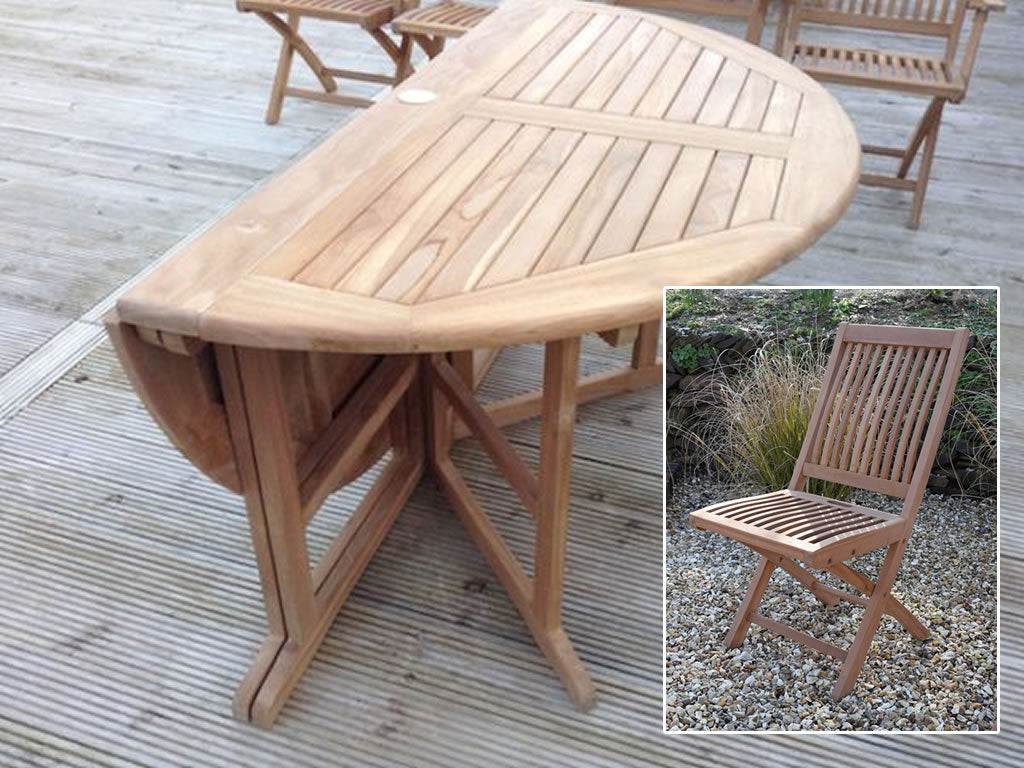 6 Seater Large Round Folding Gate-Leg Teak Set with Folding Chairs