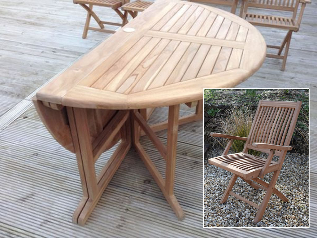 6 Seater Large Round Folding Gate-Leg Teak Set with Folding Armchairs