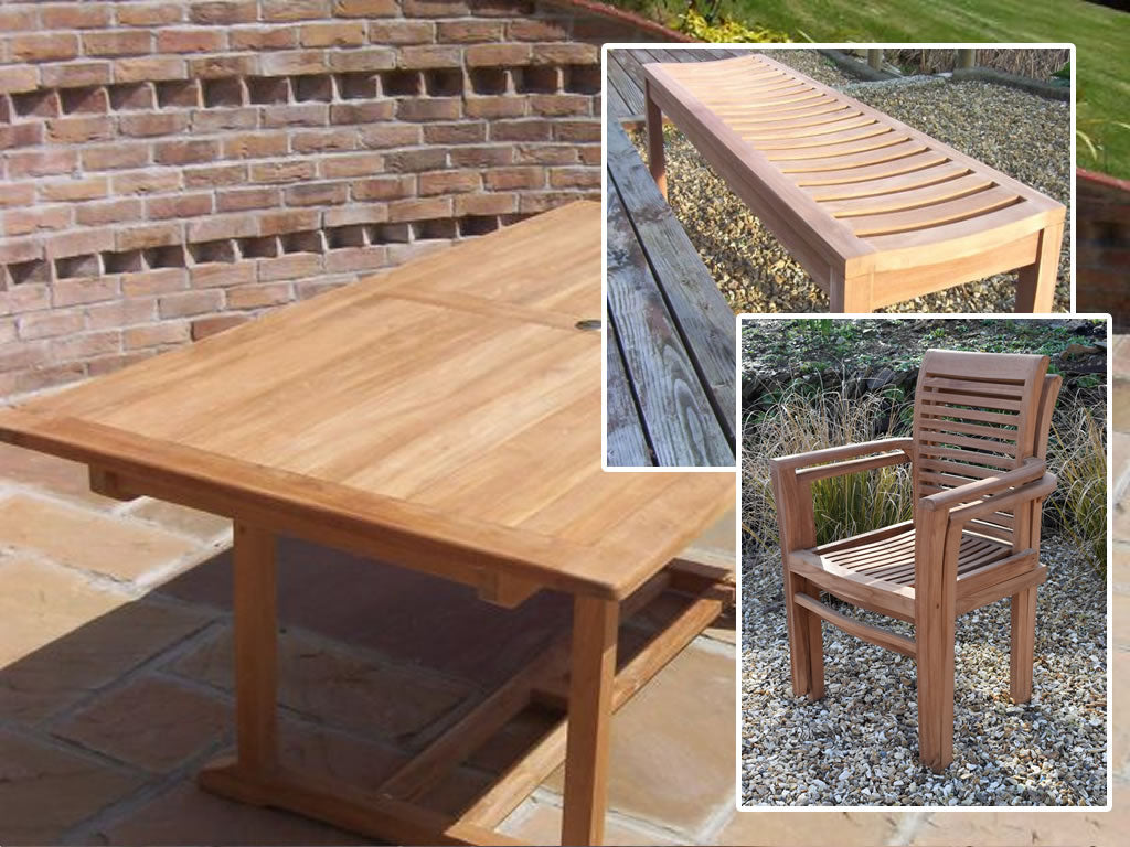 6 Seater Rectangular Pedestal Teak Set with Benches & Stacking Armchairs