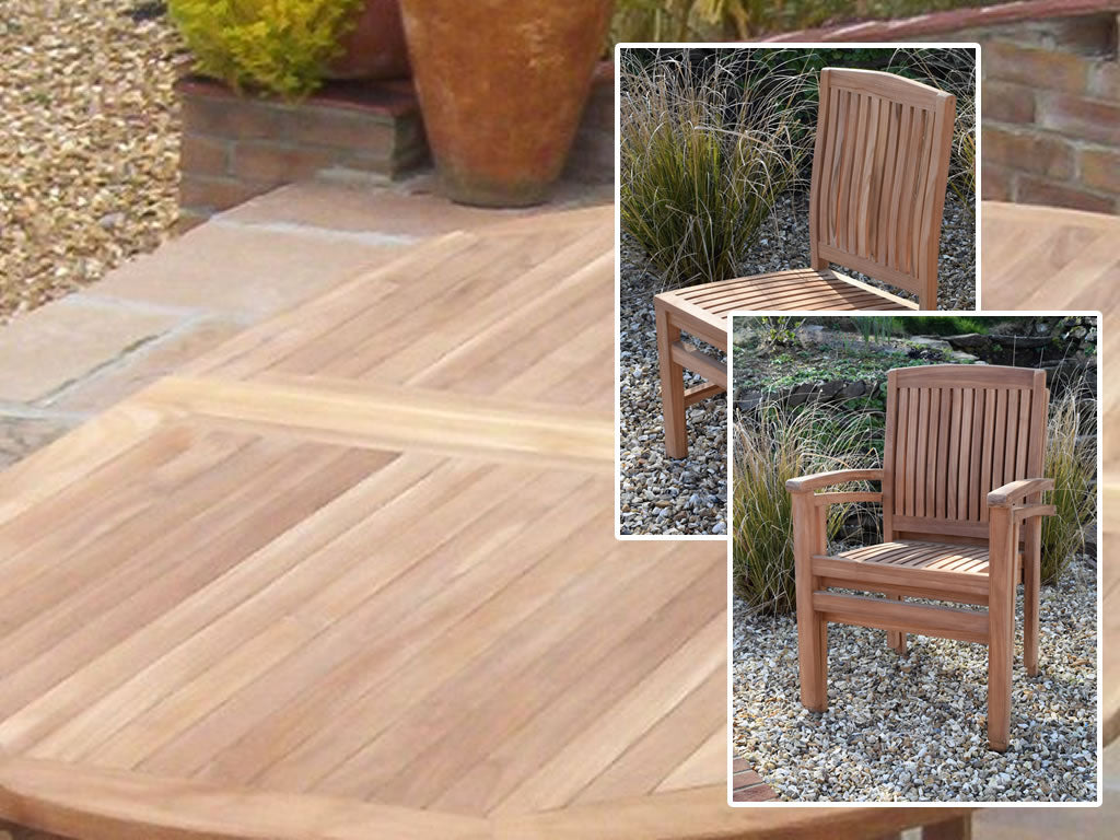 8 Seater Oval Pedestal Teak Set with Dining Chairs & Stacking Armchairs