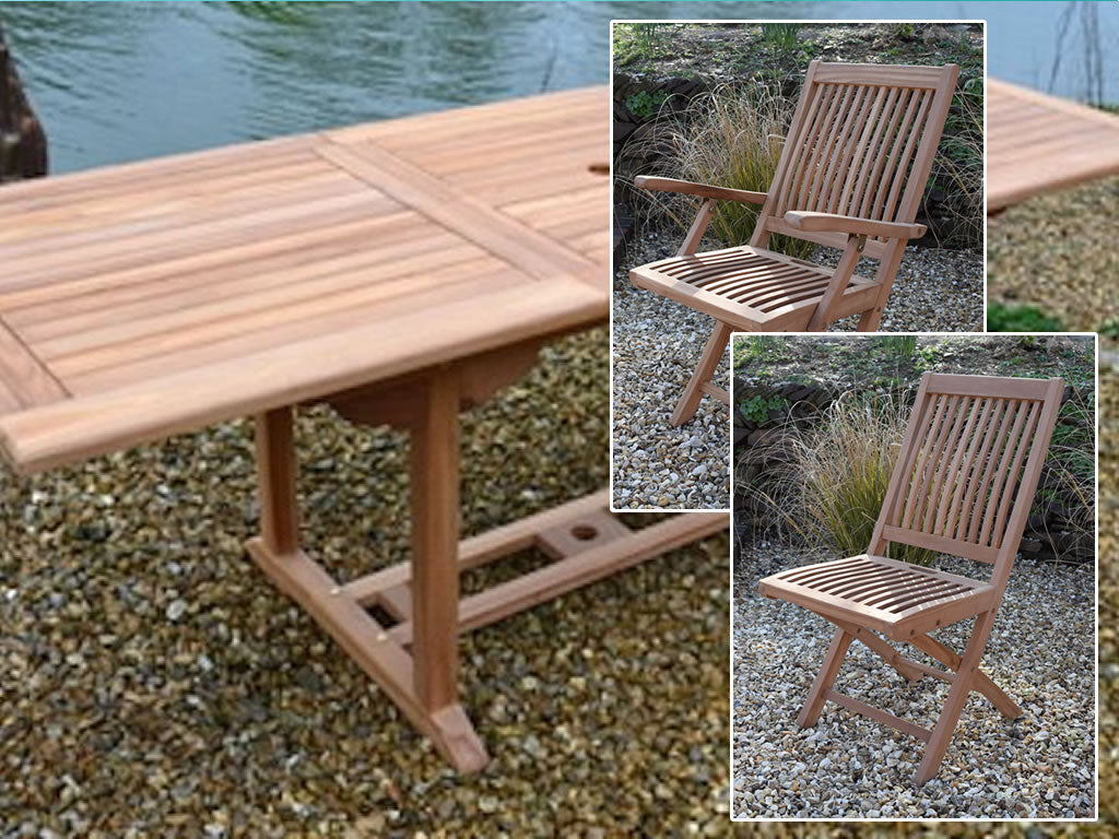 8 Seater Rectangular Extending Teak Set with Folding Chairs & Armchairs