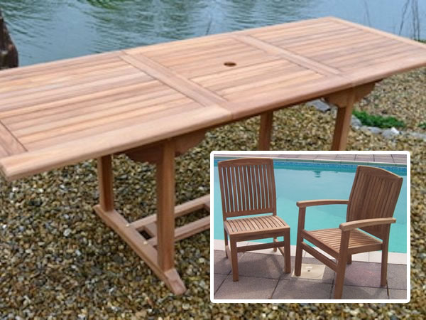 8 Seater Rectangular Extending Teak Set with Dining Chairs & Stacking Armchairs