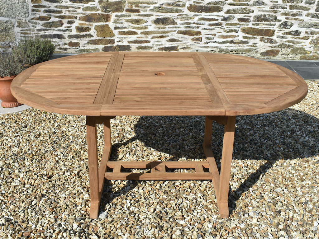 side view of extended 180cm garden dining table with folding extension leaf in place