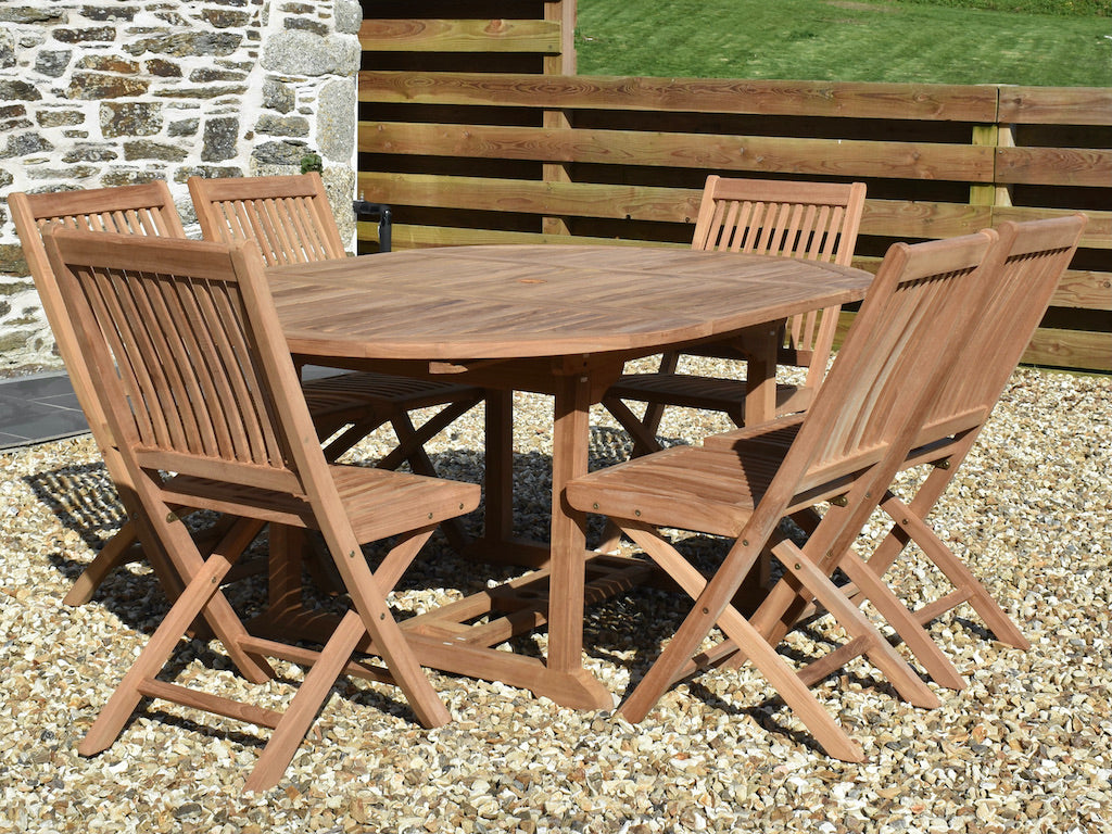 six seater outdoor teak dining set with round extending 120-18cm table and folding chairs