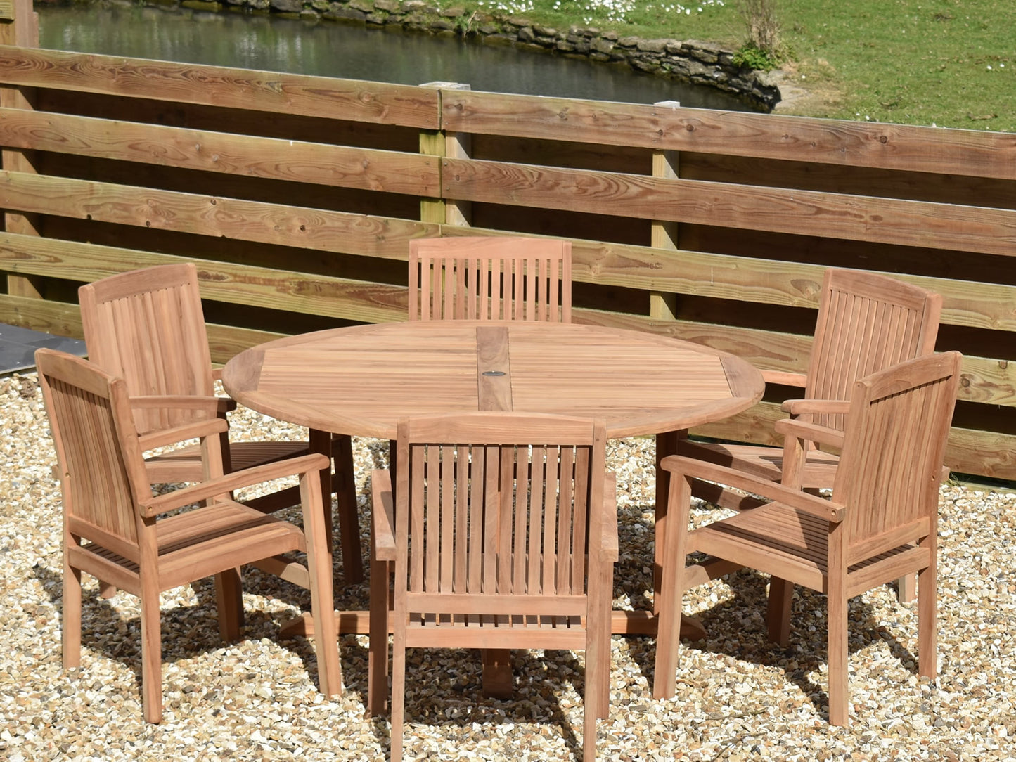 6 Seater Round Pedestal Teak Set with Henley Stacking Armchairs