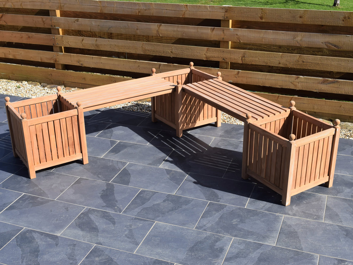 teak wooden corner garden bench with planters