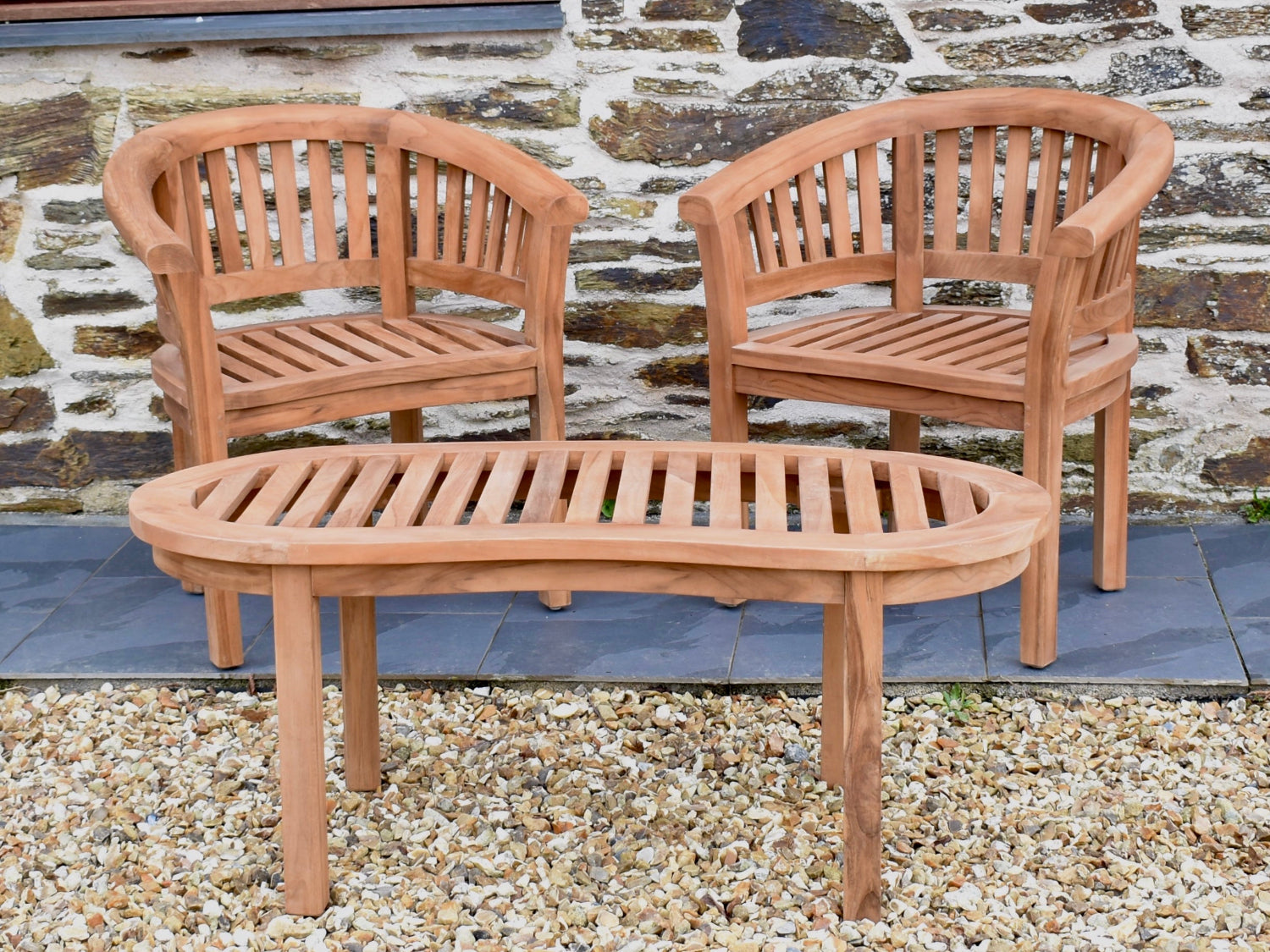2 seater teak garden set with curved armchairs and matching coffee table