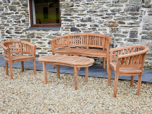 Banana bench with 2 banana armchairs and matching coffee table garden set in solid teak wood