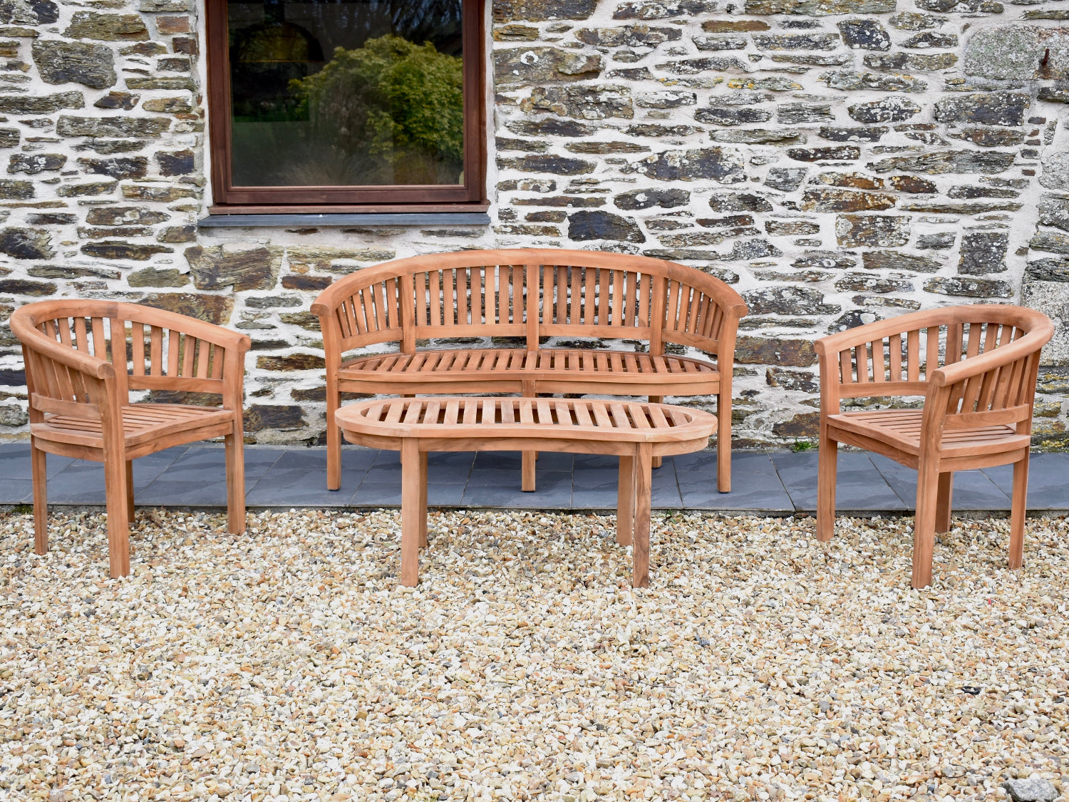 Teak Garden Banana Bench and armchair set, seats 4, with matching coffee table