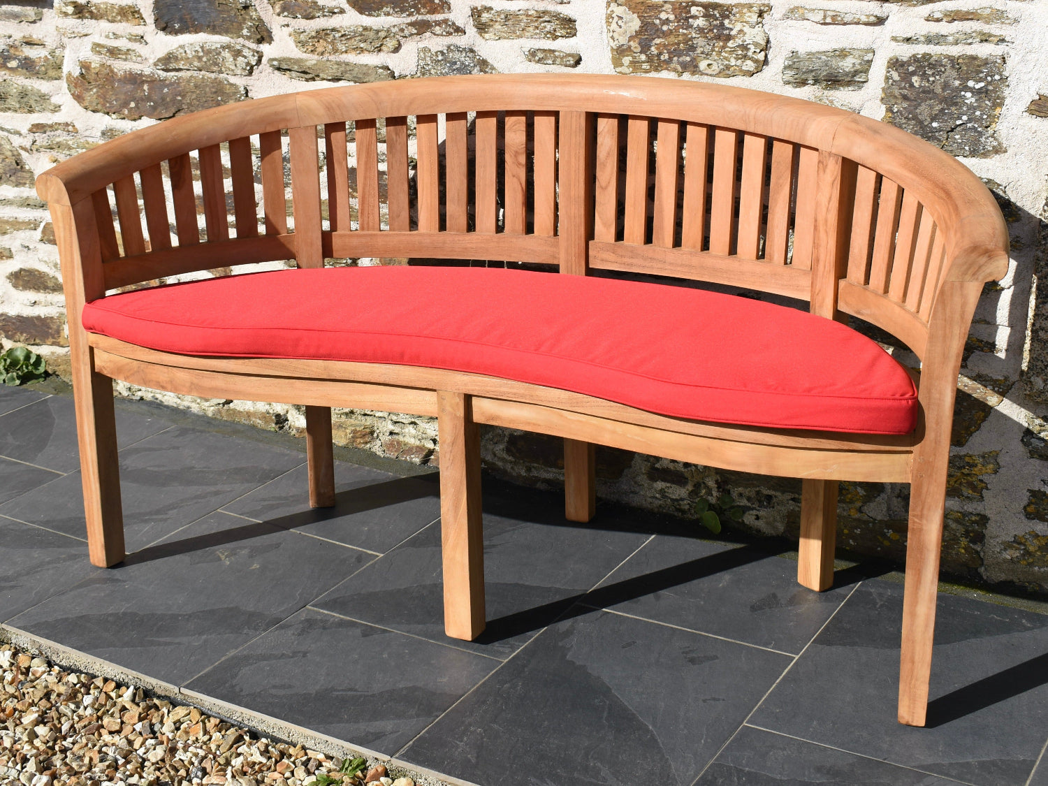 scarlet red outdoor cushion for curved banana garden bench with removable, machine washable covers