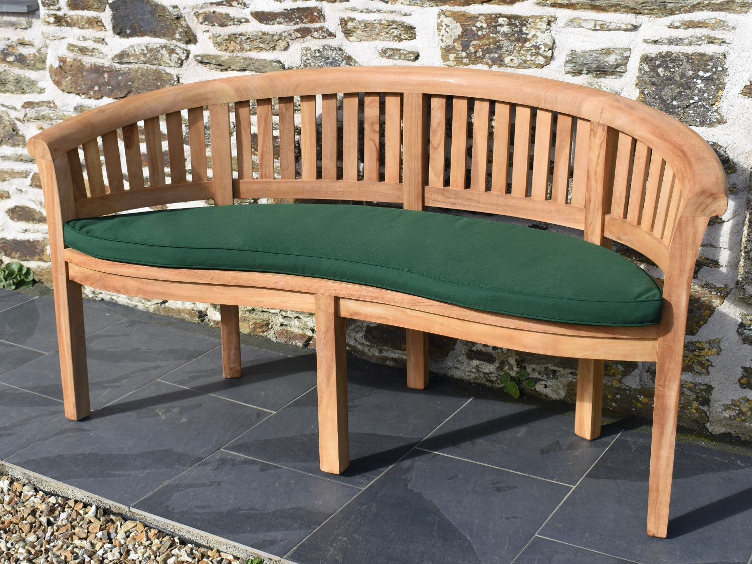 dark green outdoor cushion for curved banana garden bench with removable, machine washable covers