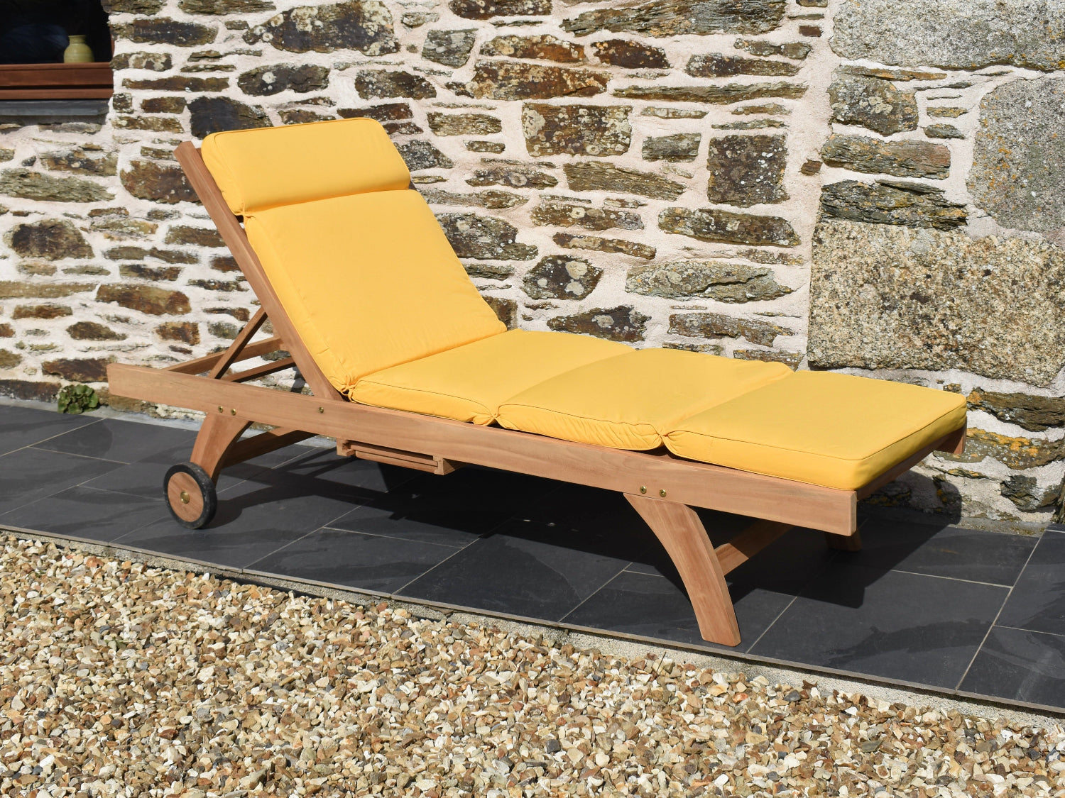 yellow colour traditional garden sun lounger cushion featuring removable, machine washable covers