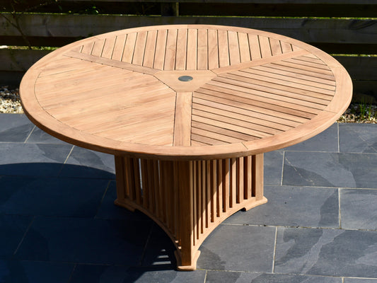 detail beautiful 'radar' design table top of the 150cm round teak garden dining table