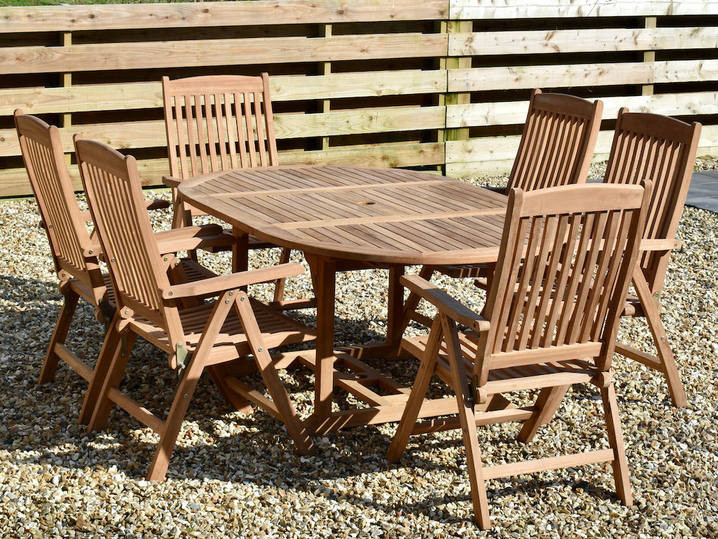120-180cm round/oval teak dining table and chairs set with six reclining garden armchairs