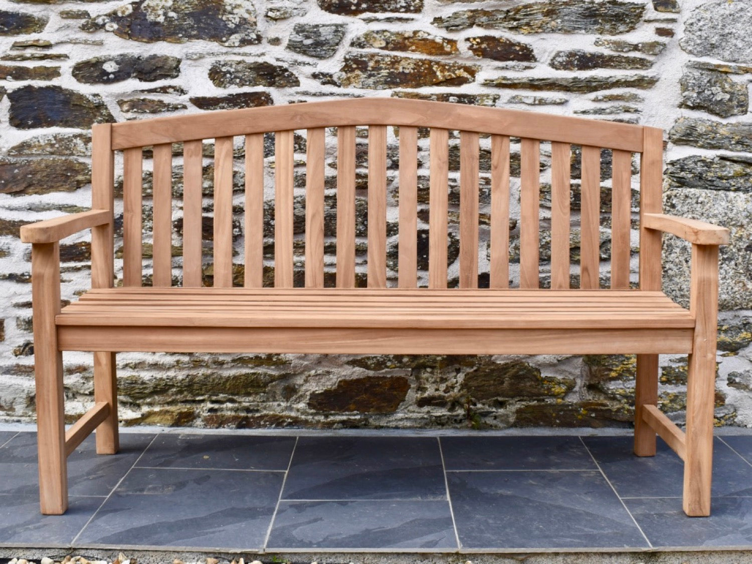 150cm medium size solid teak outdoor bench with curved back rail
