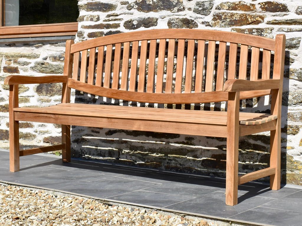 large 189cm solid teak traditional garden bench with oval shape back rest, featuring curved top and bottom rails on the bench back