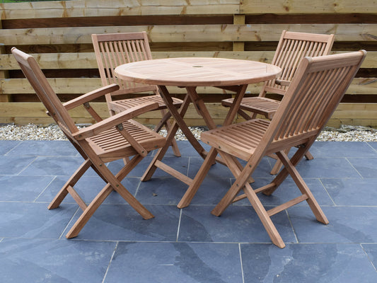 4 Seater Round Folding Teak Set with Folding Chairs & Armchairs