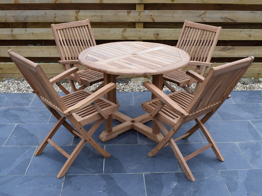 4 Seater Round Pedestal Teak Set with Folding Armchairs