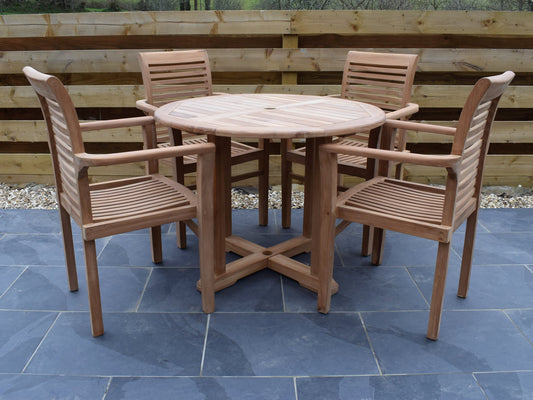 4 Seater Round Pedestal Teak Set with Newbury Stacking Armchairs