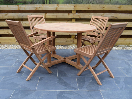 4 Seater Large Round Pedestal Teak Set with Folding Chairs and Armchairs