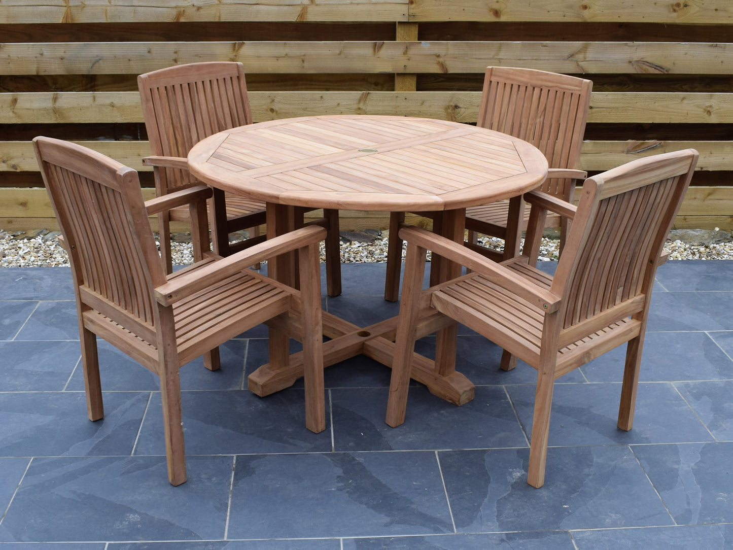 4 Seater Large Round Pedestal Teak Set with Henley Stacking Armchairs