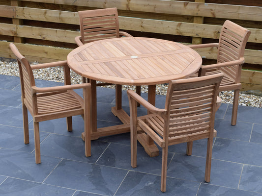 4 Seater Large Round Pedestal Teak Set with Newbury Stacking Armchairs