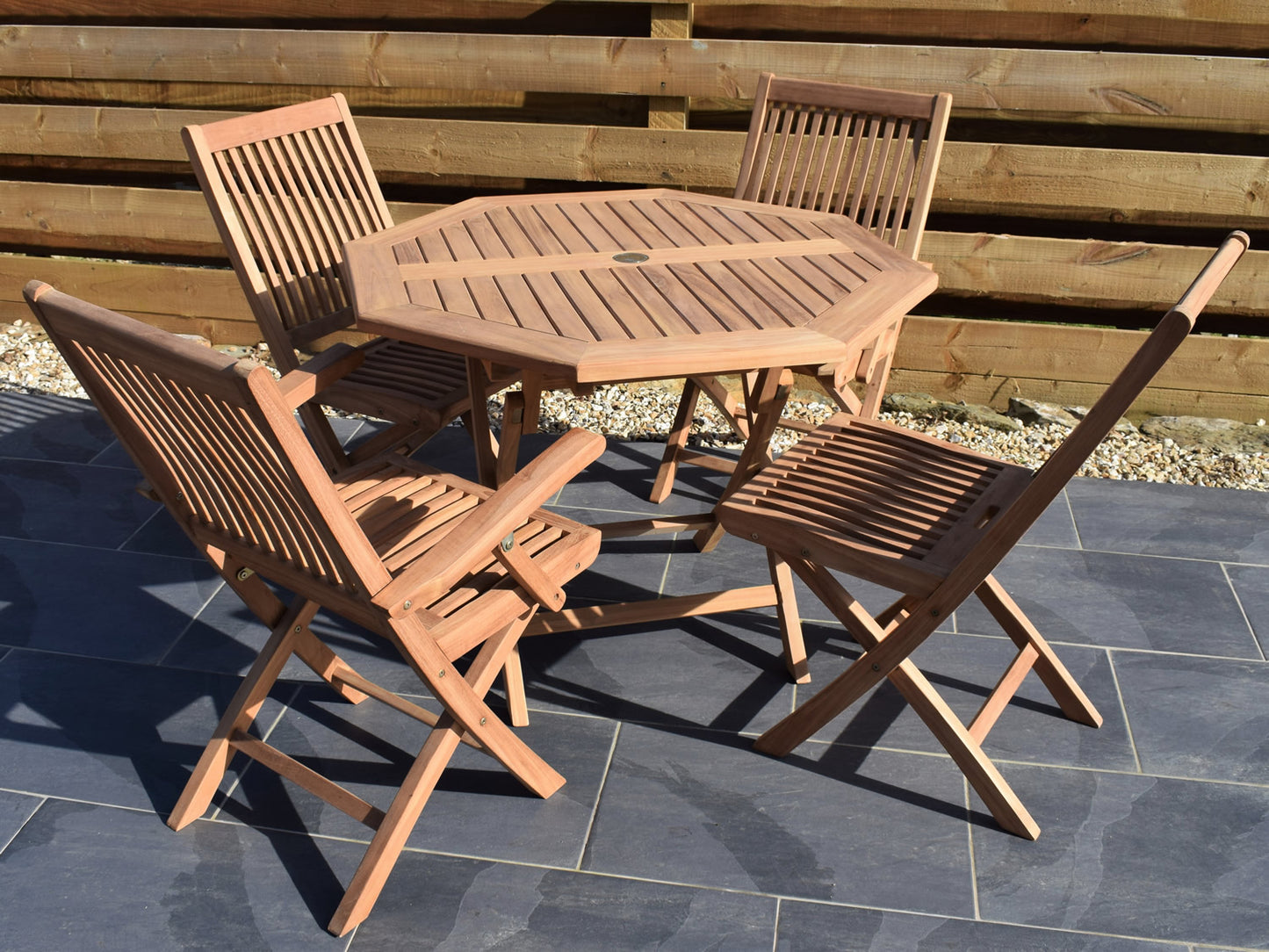 4 Seater Octagonal Folding Teak Set with Folding Chairs & Armchairs