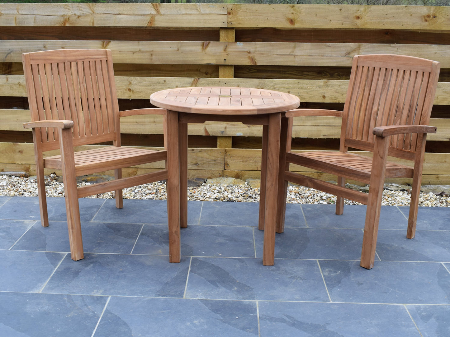 2 Seater Round Bistro Teak Set with Henley Stacking Armchairs