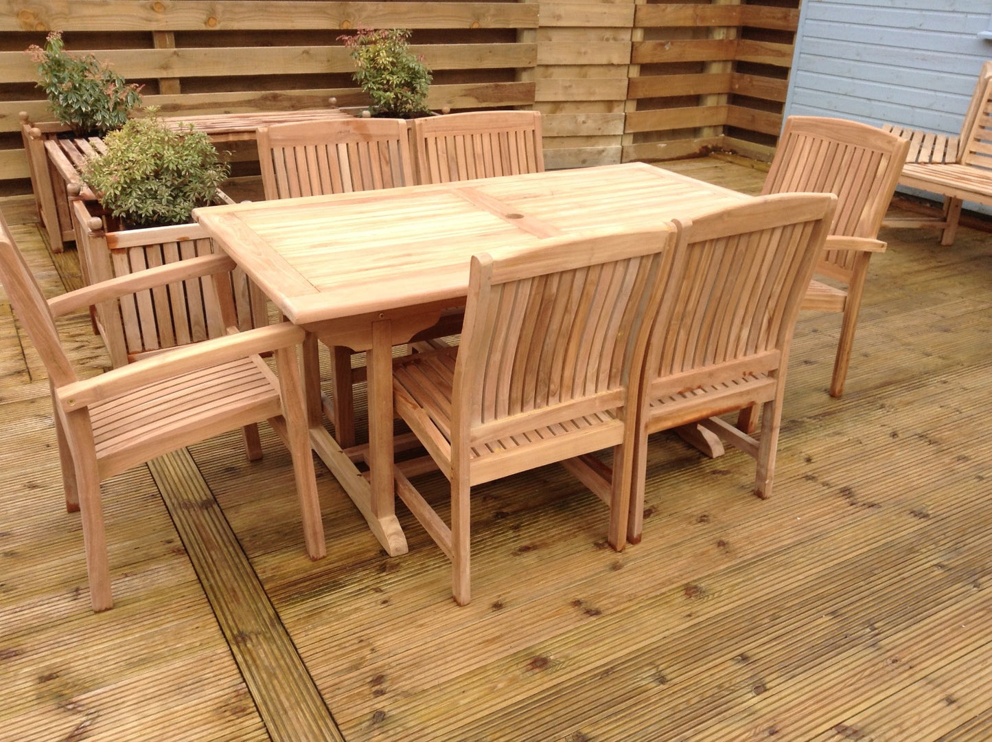 6 Seater Rectangular Pedestal Teak Set with Dining Chairs & Stacking Armchairs