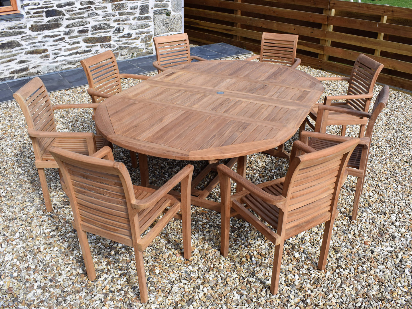 8 Seater Round Double Extending Teak Set with Newbury Stacking Armchairs