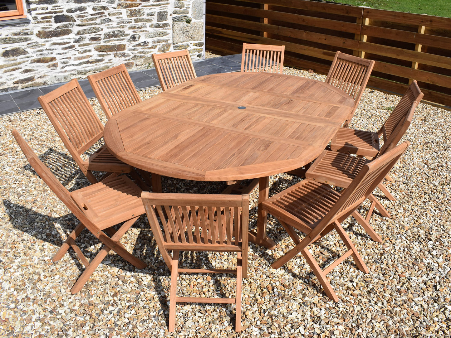 10 Seater Round Double Extending Teak Set with Folding Chairs