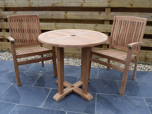 2 Seater Round Pedestal Teak Set with Henley Stacking Armchairs