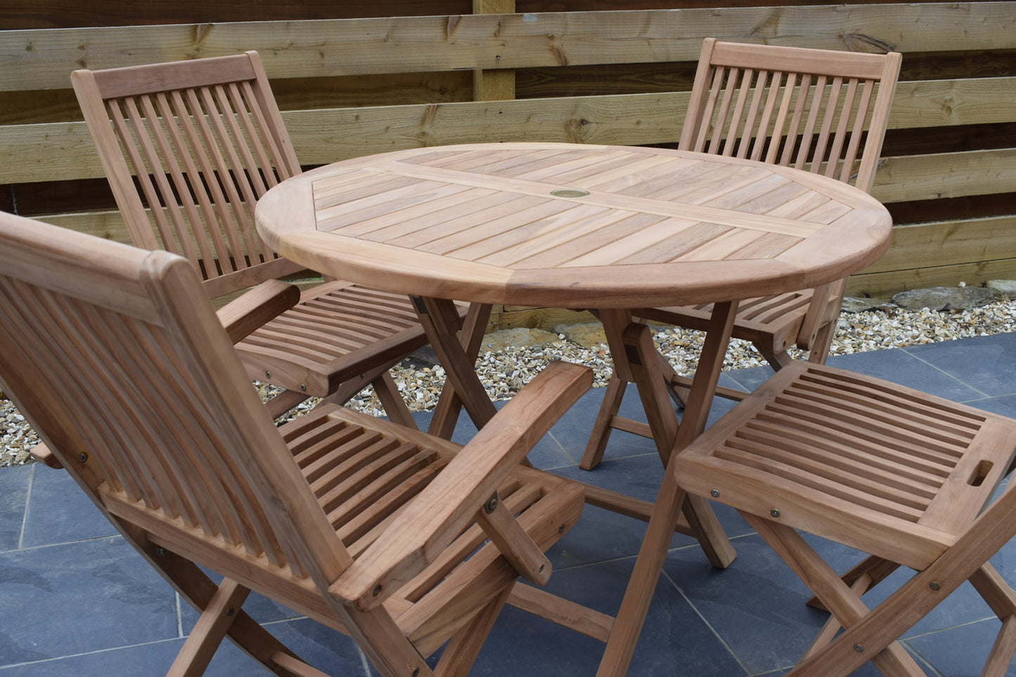 4 Seater Round Folding Teak Set with Folding Chairs & Armchairs
